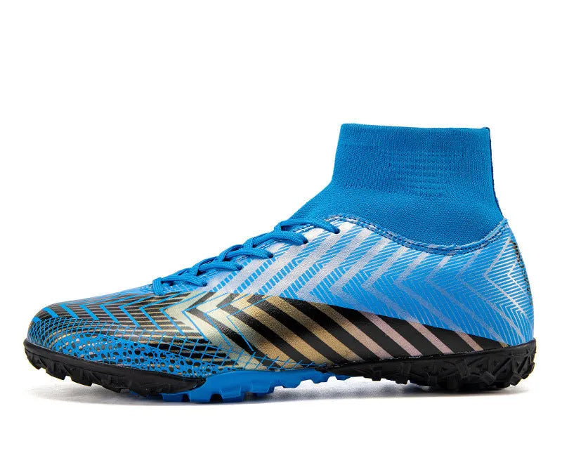 High-top football boots for artificial grass with non-slip rubber outsole and PVC upper, front tie lacing