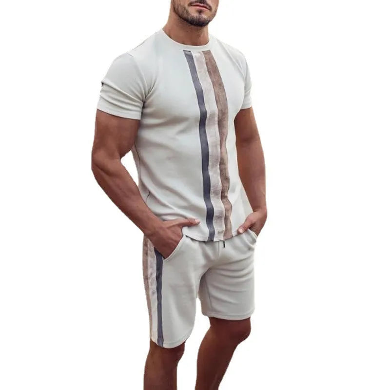 Two-piece casual suit for men in beige including short-sleeve T-shirt and matching shorts