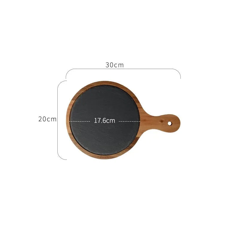 Black wooden pizza dish made from acacia wood and stone, multi-colour sets, on a table