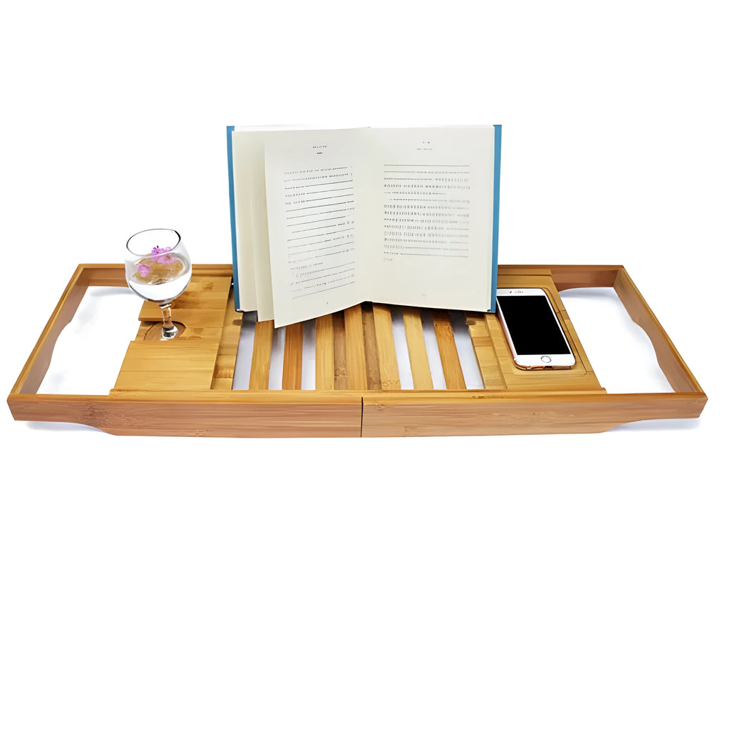 A bamboo bathtub frame with a single shelf for bathroom countertop storage.