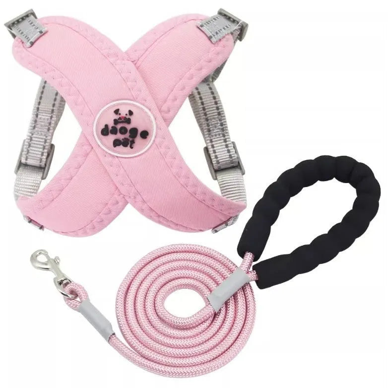 Polyester dog vest with attached hand holding rope in blue colour on size medium