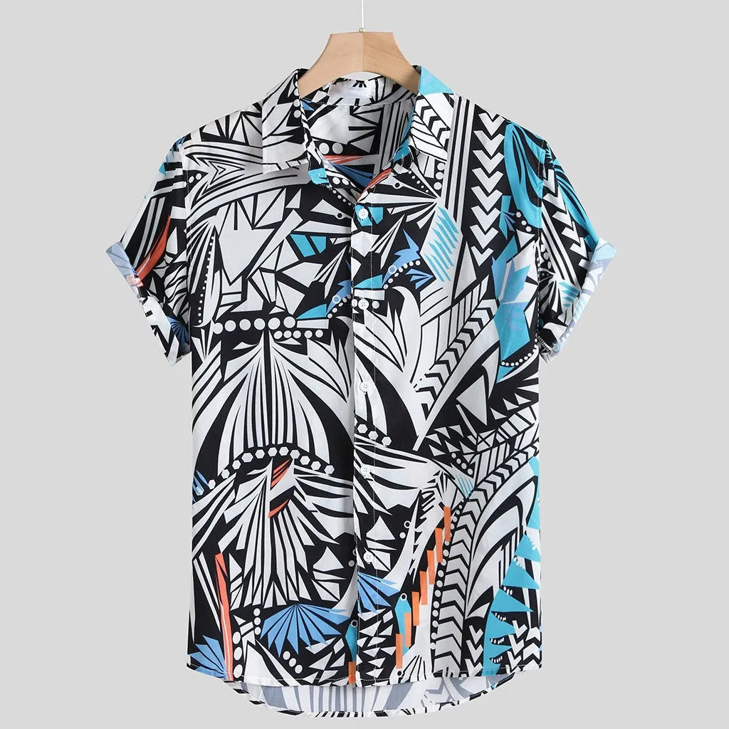 Men's Hawaiian casual shirt with lapel collar, loose fit, polyester fabric, available in blue colour