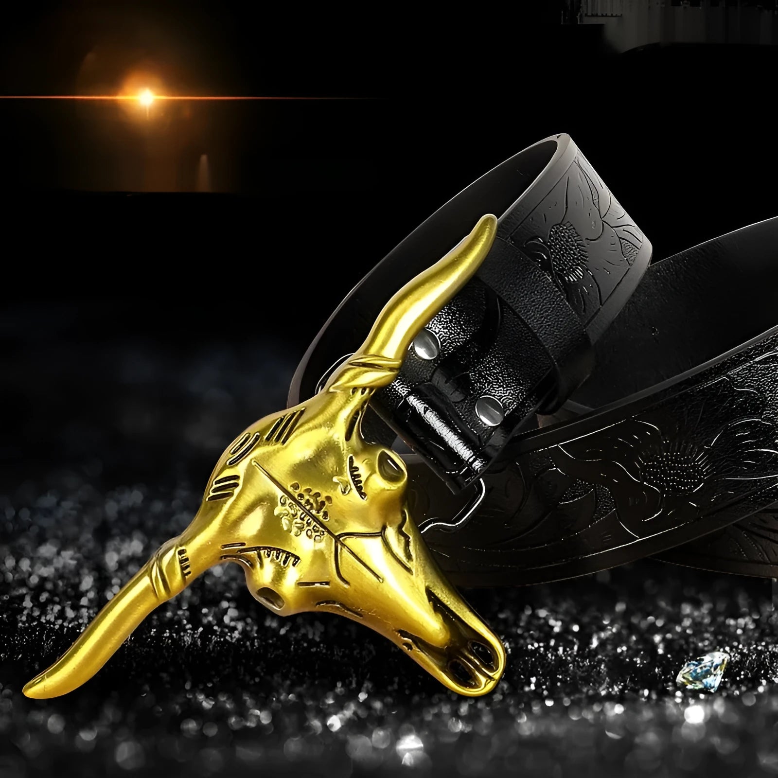 Men's brown imitation leather belt with a detailed electroplated alloy cow head buckle.