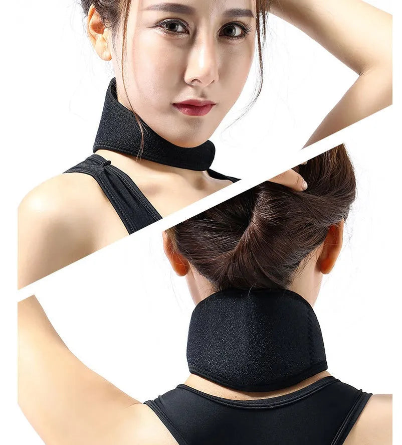Black adjustable magnetic therapy neck guard with self-heating tourmaline on a flat surface.