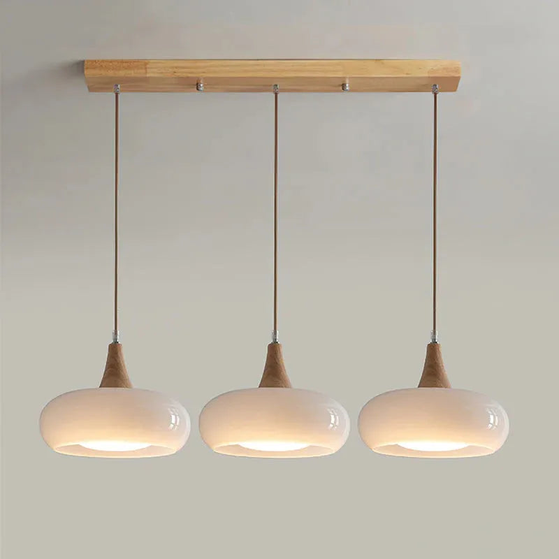 Cream style dining room chandelier with glass shade and wood art frame