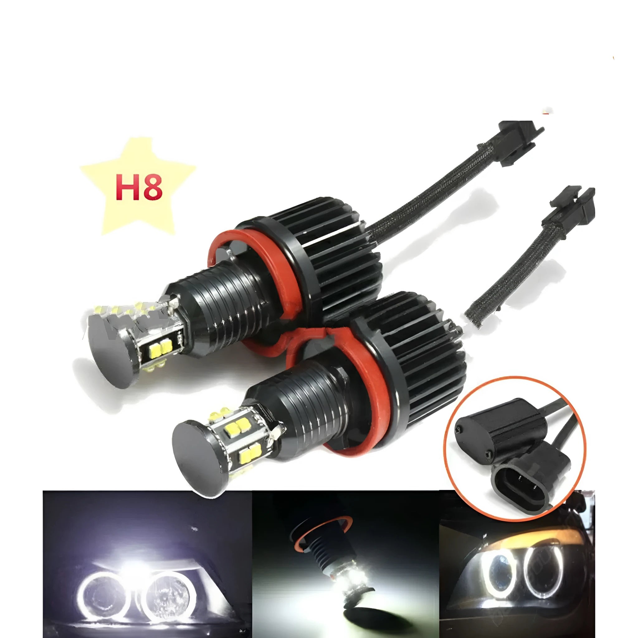 Pair of 6-side 12-bead LED angel eyes bulbs for BMW E92 with H11 plug 5000lm 360 degree beam