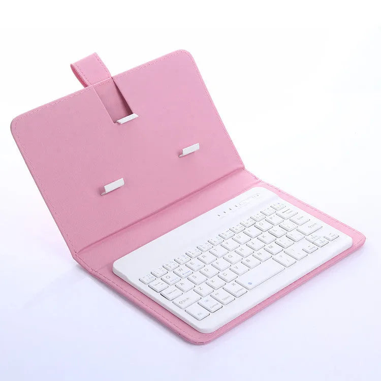 Bluetooth keyboard holster in black with phone inserted, showing stand function and keyboard layout