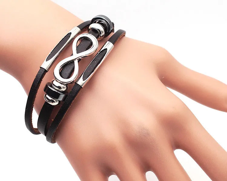 Men's leather bracelet retro geometry design black colour 21cm total length metal fitting