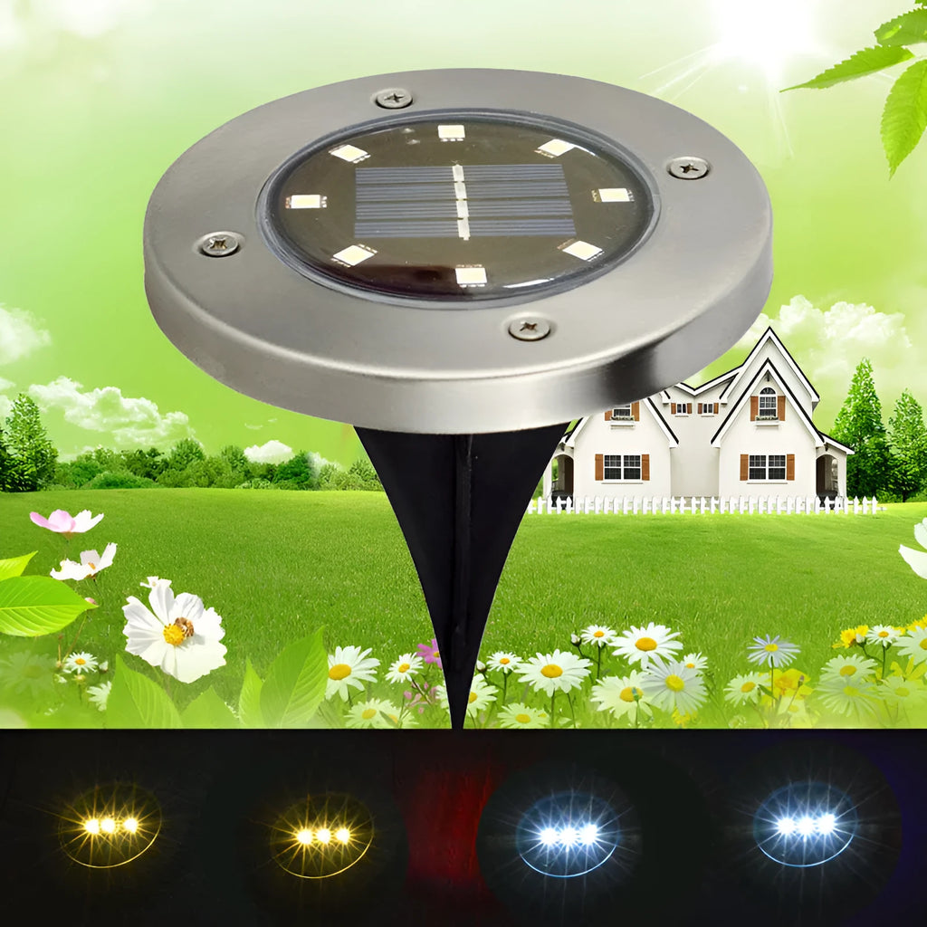 Four solar powered stainless steel lawn lights with LED, 12x12x13cm, warm white or white light option