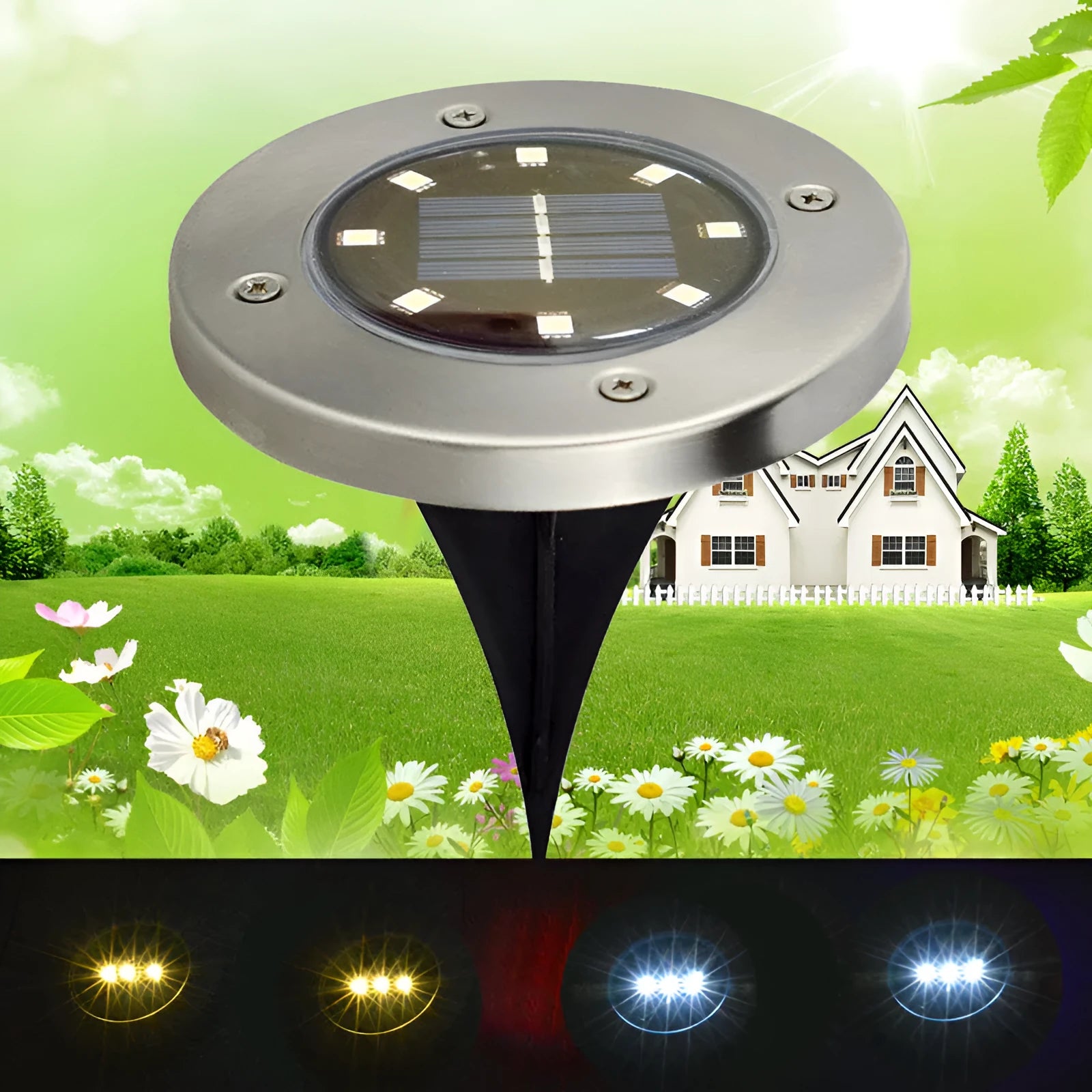 Four solar powered stainless steel lawn lights with LED, 12x12x13cm, warm white or white light option