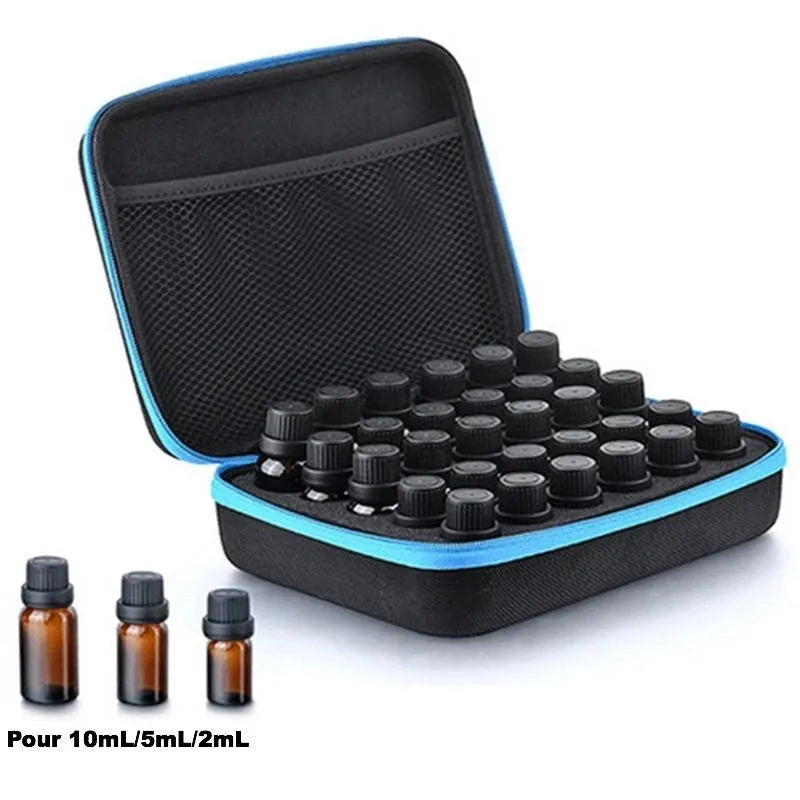 Red EVA essential oil storage bag with 30 compartments for 15ml bottles, shown hanging on a wall.