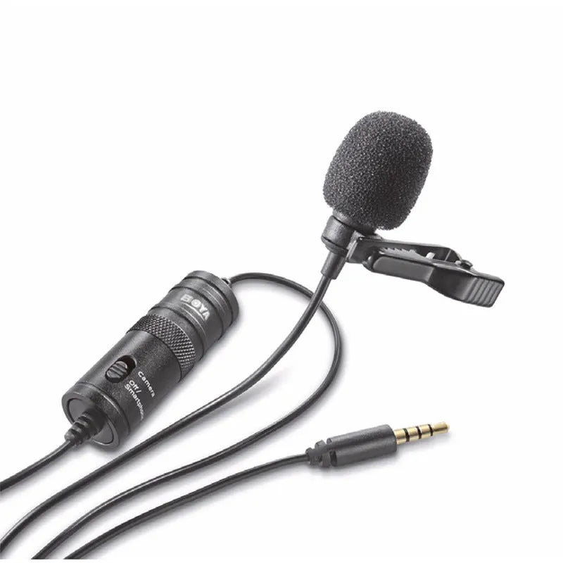 Black lavalier microphone with clip and 3.5mm plug on a white background