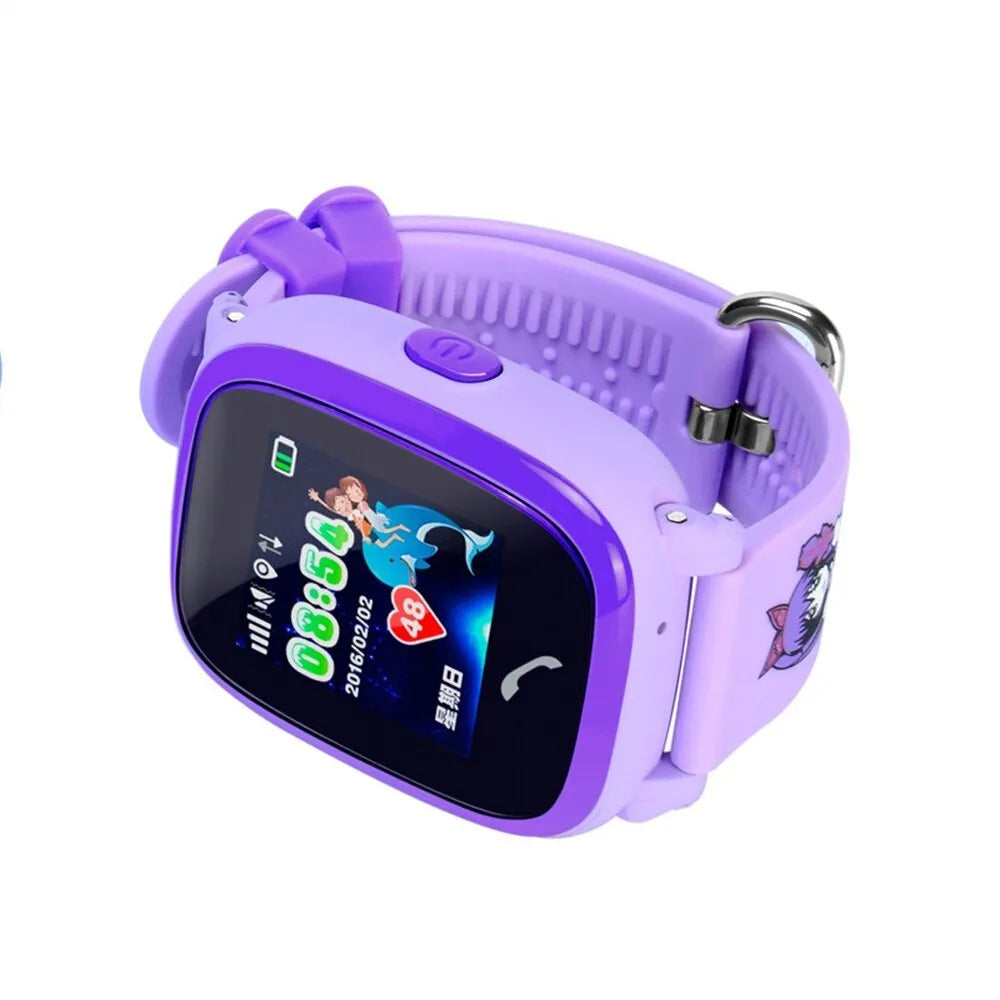 Blue children's waterproof smart watch with touch screen display and silicone wristband showing GPS tracking interface
