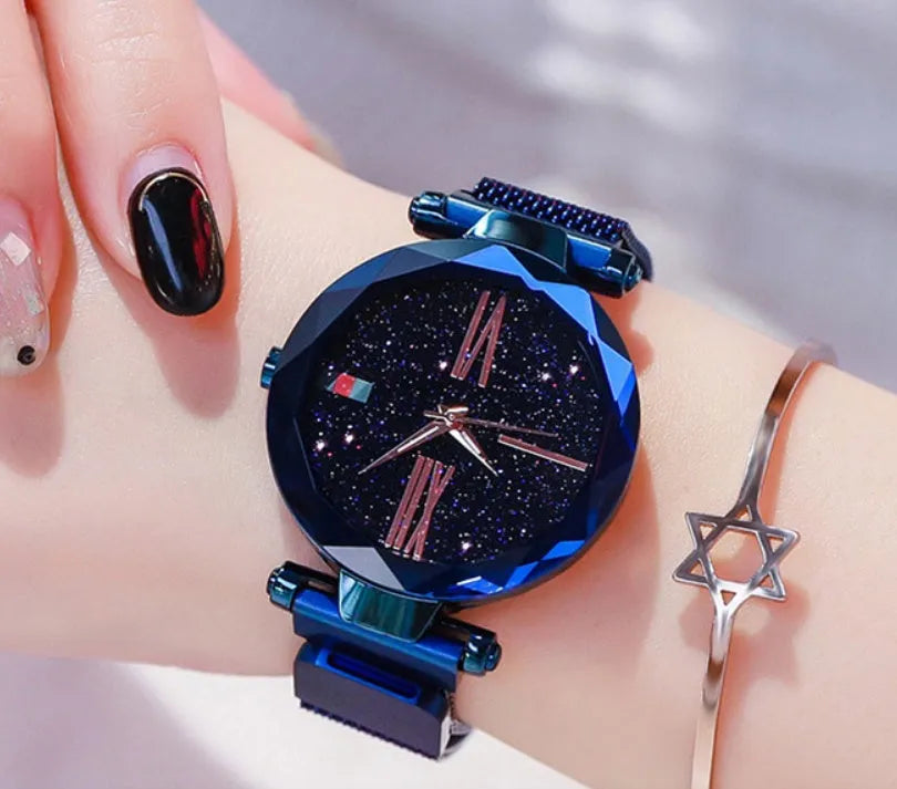 Starry Sky women's watch with magnetic mesh strap, 34mm alloy case, glass surface, diamond dial, available in multiple colours