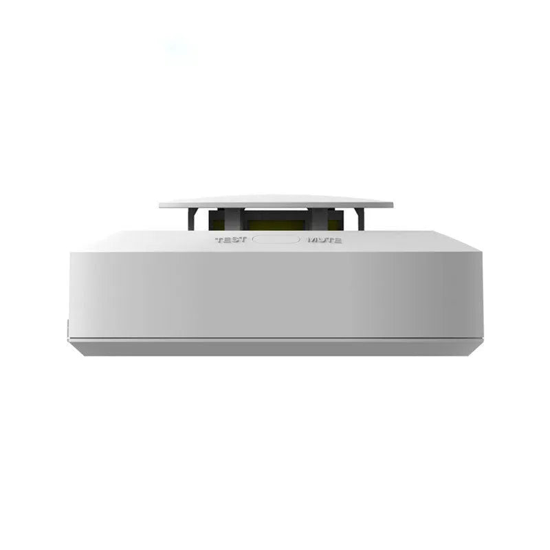 White wireless smoke detector with 433MHz transmission and low battery alert for home fire safety