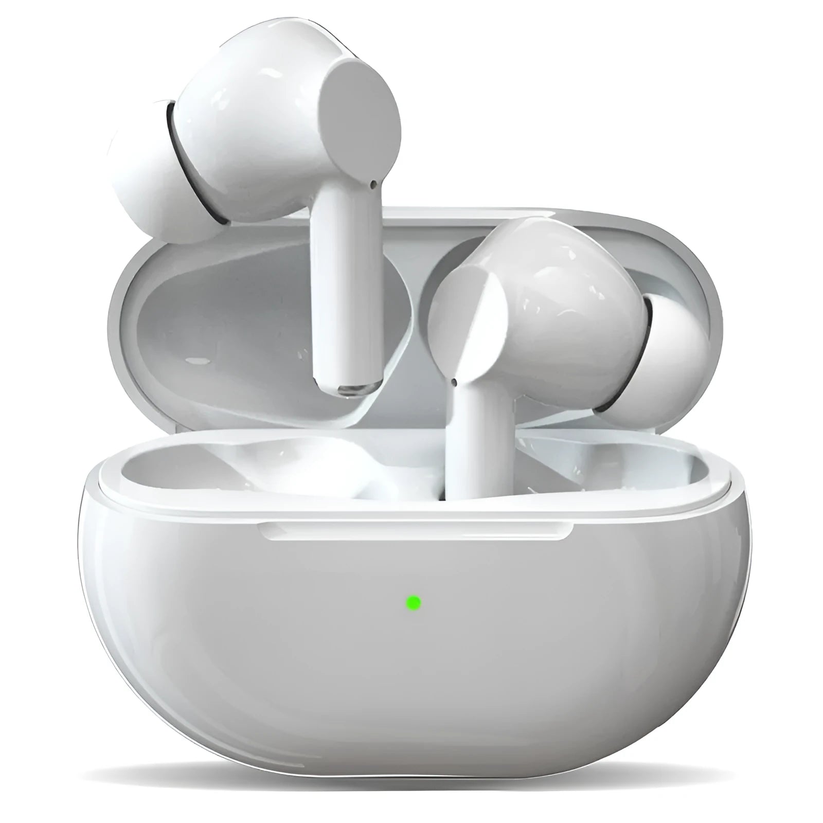 Pro4 black and white wireless Bluetooth earbuds with charging case and cable.