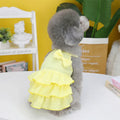Small dog wearing princess dress with candy-layered skirt in rose red, yellow, or water green colour