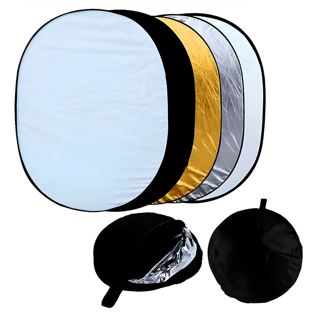 Collapsible 5-in-1 photography light reflector showing gold, silver, white, black and translucent surfaces