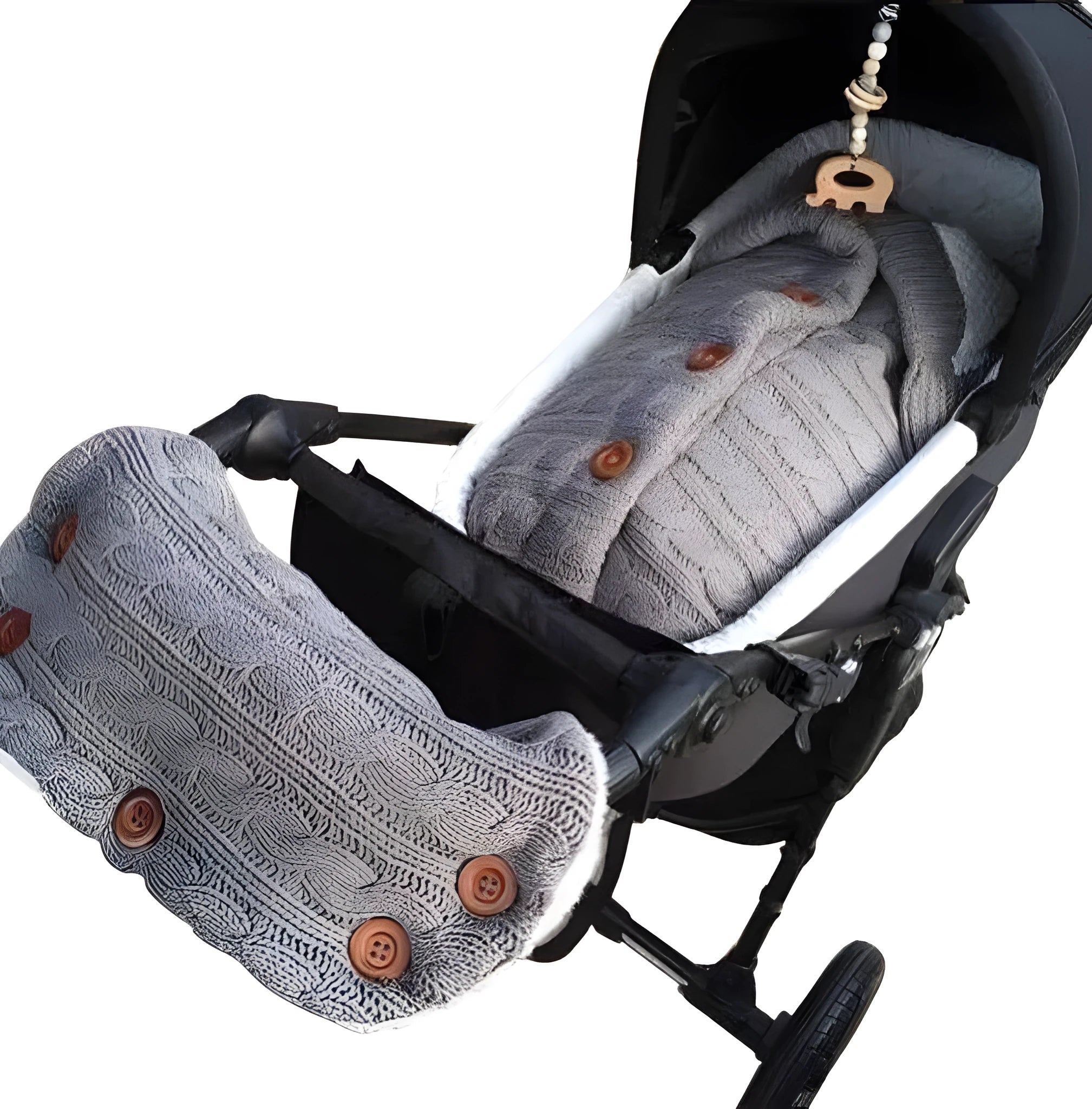 Baby sleeping bag in beige with button opening and matching pram handrail set