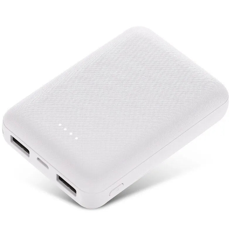 Black and white ultra-thin 10,000mAh power bank showing multi-U port output and compact 90x63x22mm dimensions