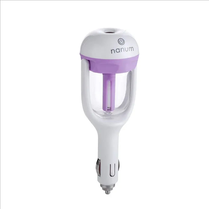 Portable car humidifier with rotating nozzle in blue, green, pink, or purple colours