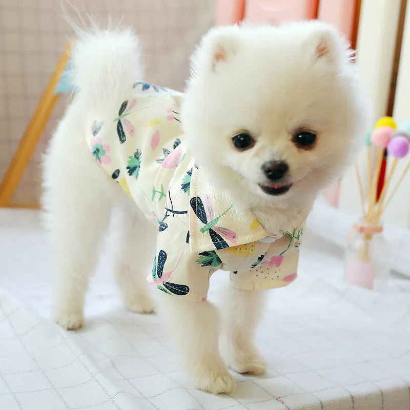 Small dog summer casual shirt with dragonfly print, cotton fabric, size M for thin breeds