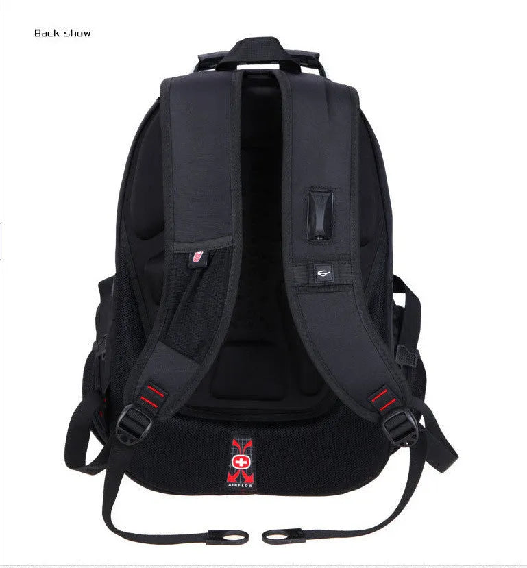 Black travel outdoor backpack with polyester waterproof finish, hard handle, metal details, and shoulder pad on a white background