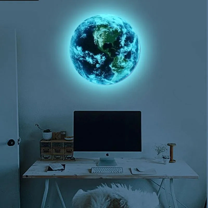 Glow-in-the-dark 3D Earth planet wall sticker showing luminous effect in darkness