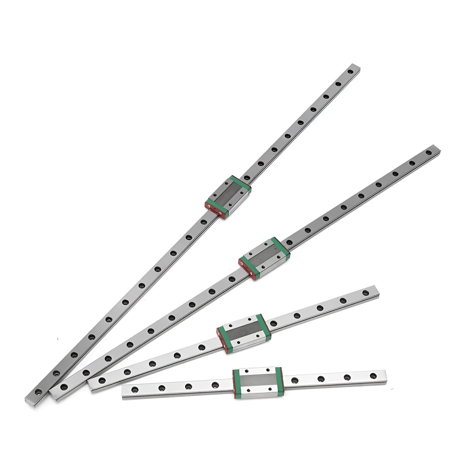MGN12 stainless steel linear guide block on slide rail showing compact profile and four-point contact design