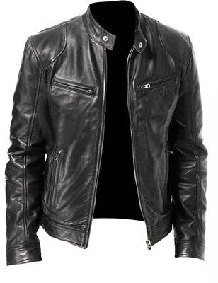 Slim fit PU leather jacket in black with zip front and notched collar