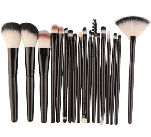 18-piece makeup brush set showing various brush shapes including fan tools for powder and contouring