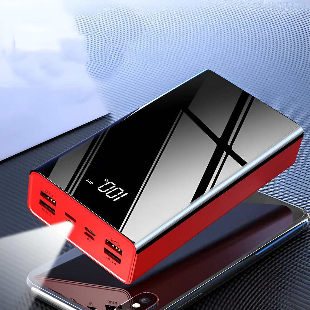 Black and red 40000mAh power bank with LCD display showing charge level