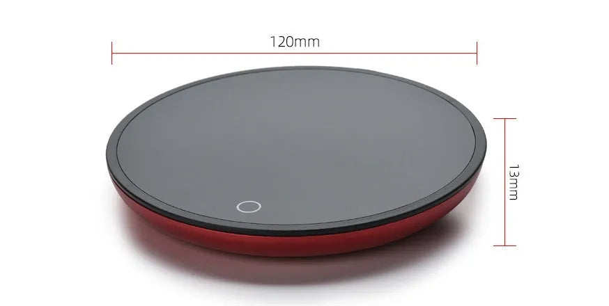 Black circular cup warmer with temperature control buttons on side
