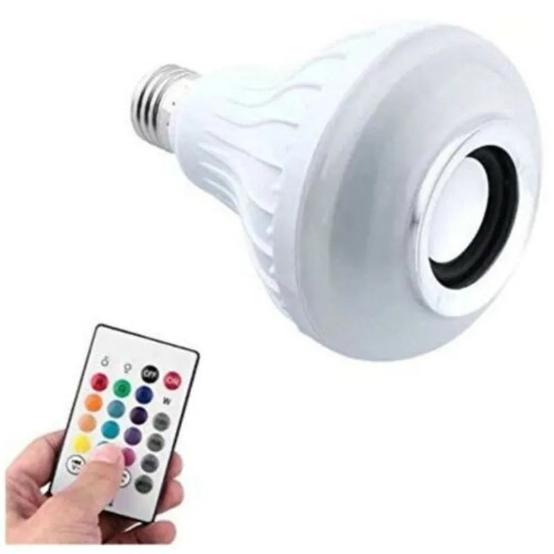 White E27 Bluetooth speaker light bulb with remote control for colour changing illumination