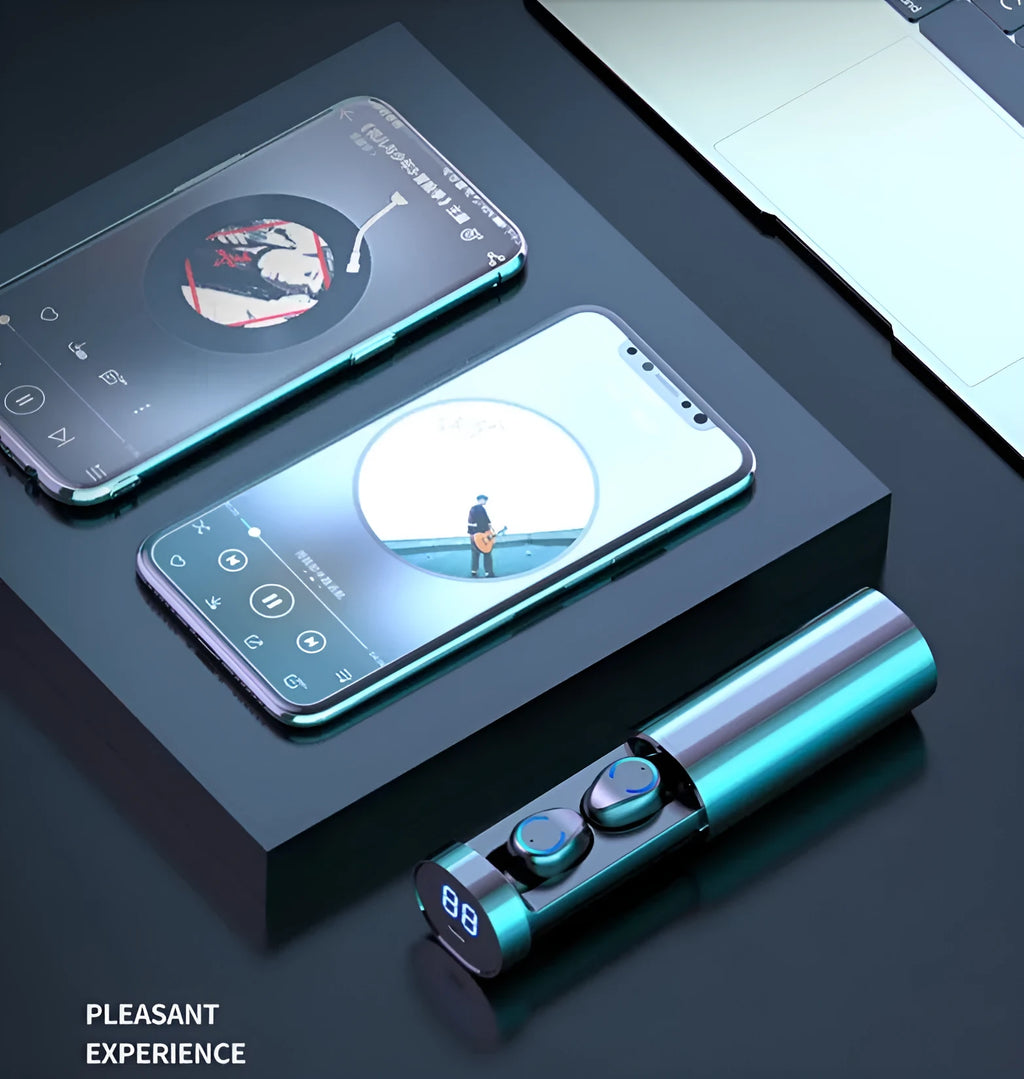 Wireless dual ear Bluetooth headset in black with magnetic charging case showing battery level display