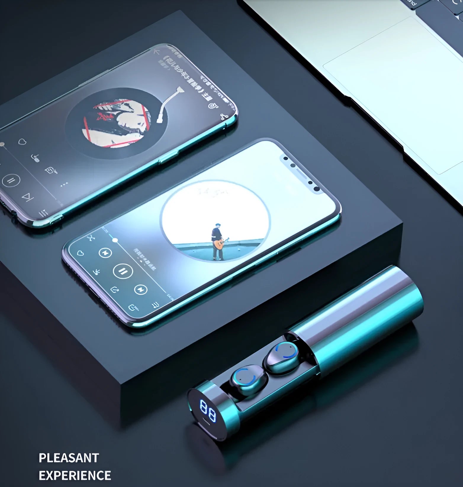 Wireless dual ear Bluetooth headset in black with magnetic charging case showing battery level display