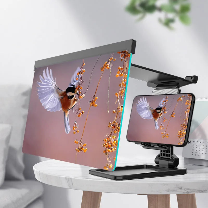 Black folding mobile phone screen amplifier with detachable holder showing 12 inch curved display