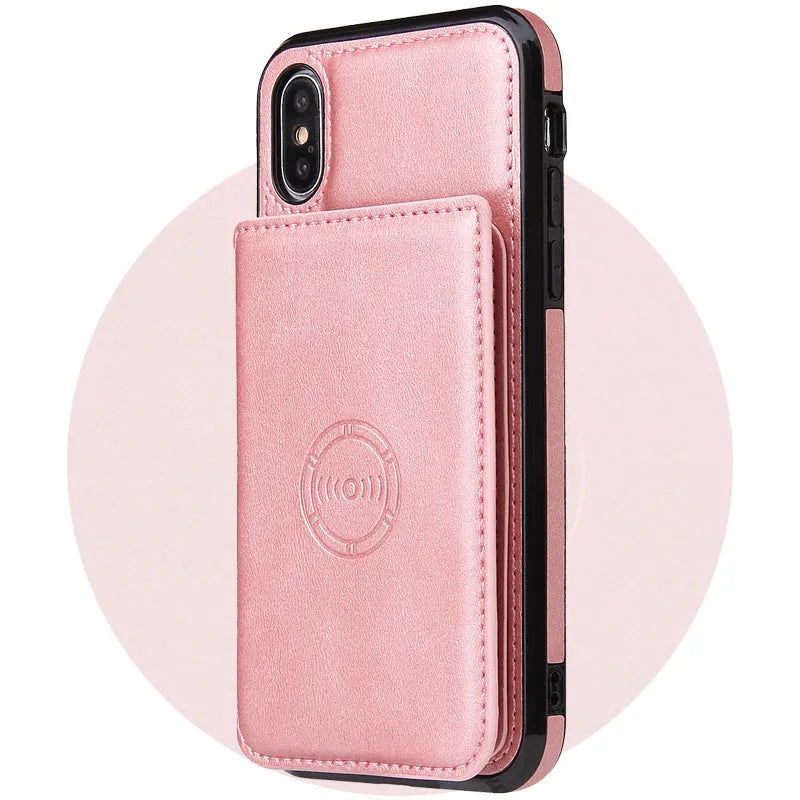 Imitation leather card wallet phone case for iPhone in six solid colours, showing business-style back cover design.