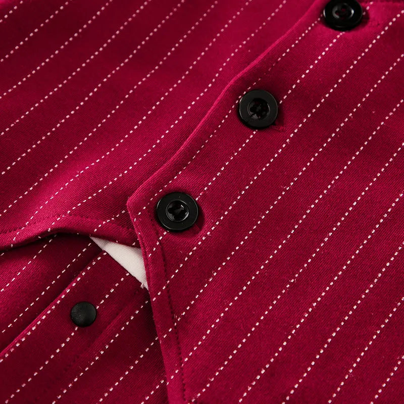 Wine red long sleeve cotton romper suit for a baby boy in gentleman style.