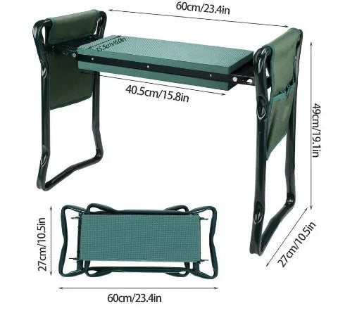 Foldable green garden kneeling bench with metal frame and two side pouches on lawn