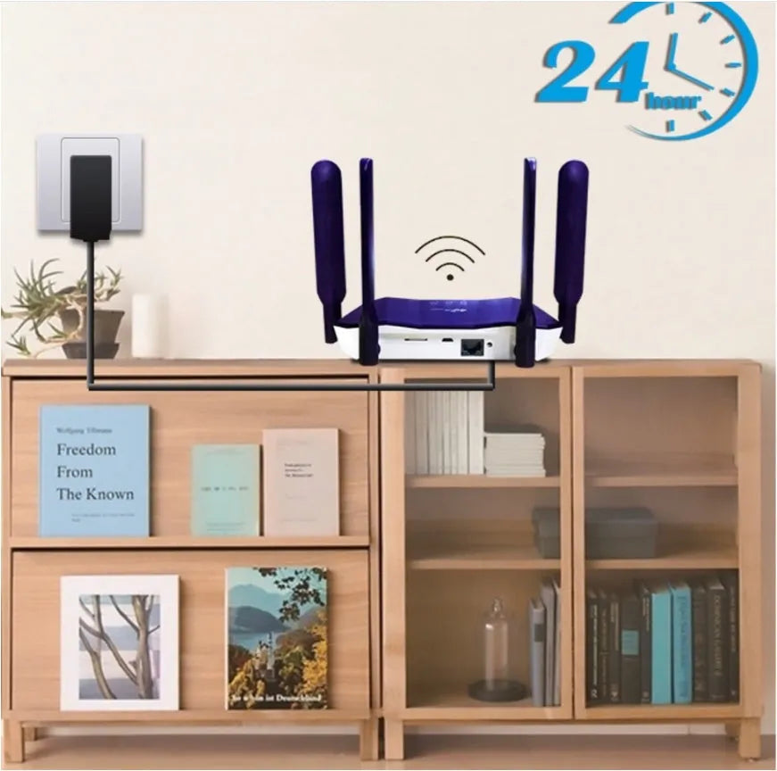 Blue 4G dual mode router with four antennas, compact rectangular design