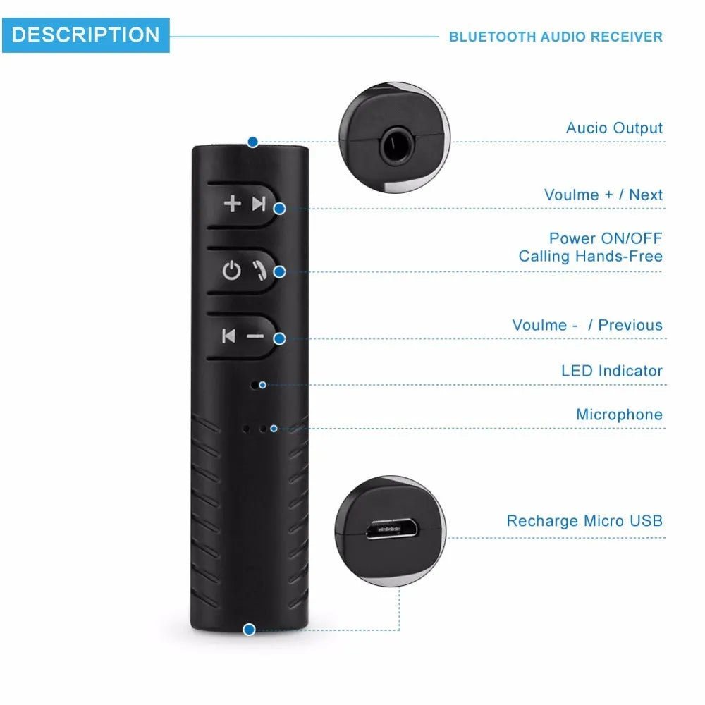 Black plastic Bluetooth audio receiver with 3.5mm plug and Mini USB port, size 1.4 x 1.5 x 5.8 cm