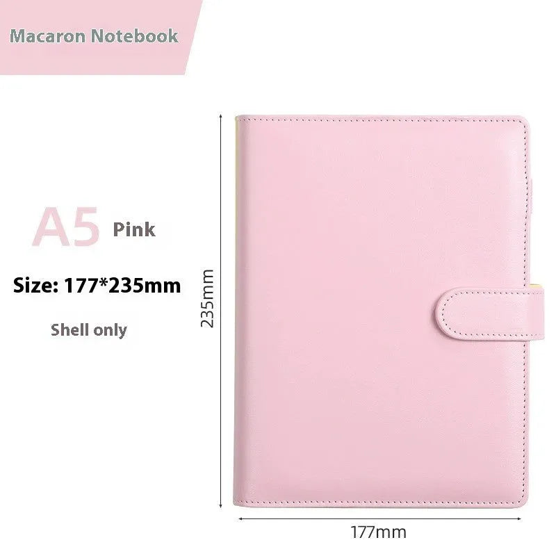 A5 solid colour PU leather notebook binder shell with a zipper, shown in various colours.