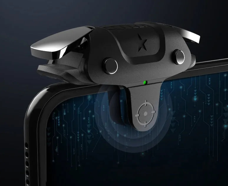 Black F5 Bluetooth game controller for mobile phones on a white background.