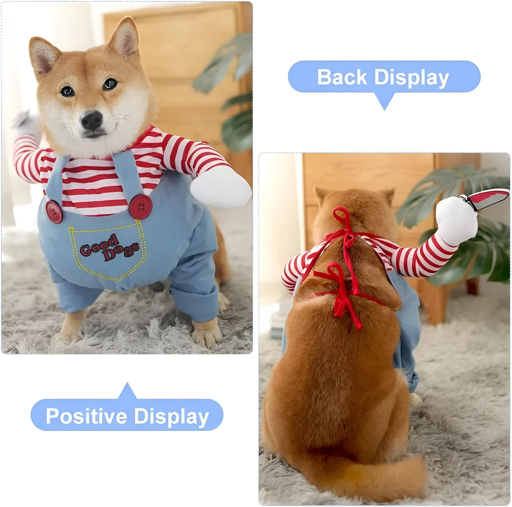 Striped Halloween costume harness pants for a dog or cat with matching accessory, shown with a sizing chart.