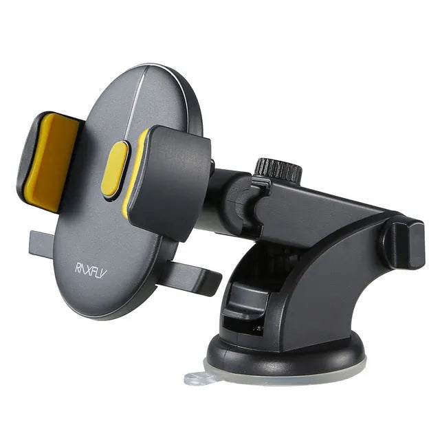 Yellow and black car phone holder with telescopic arm and suction cup mount on a dashboard