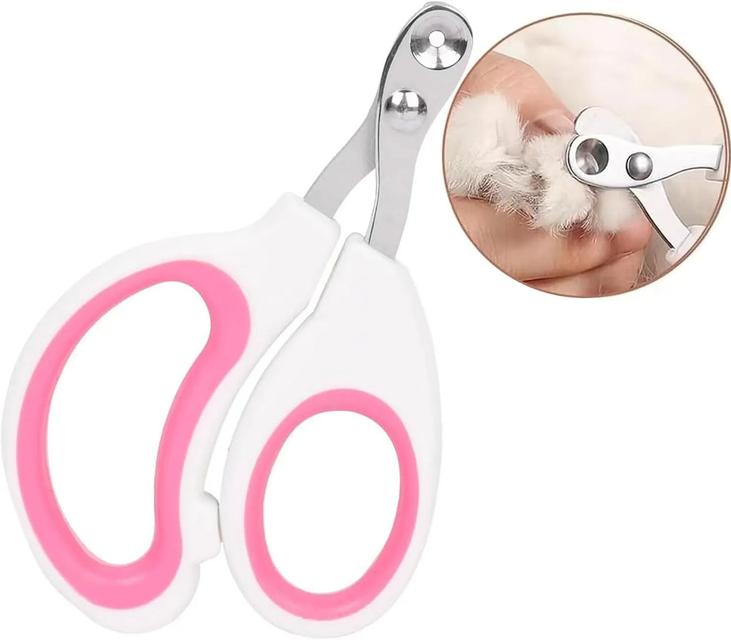 Blue pet nail clippers with a circular cutting hole and non-slip handle for trimming cat nails.