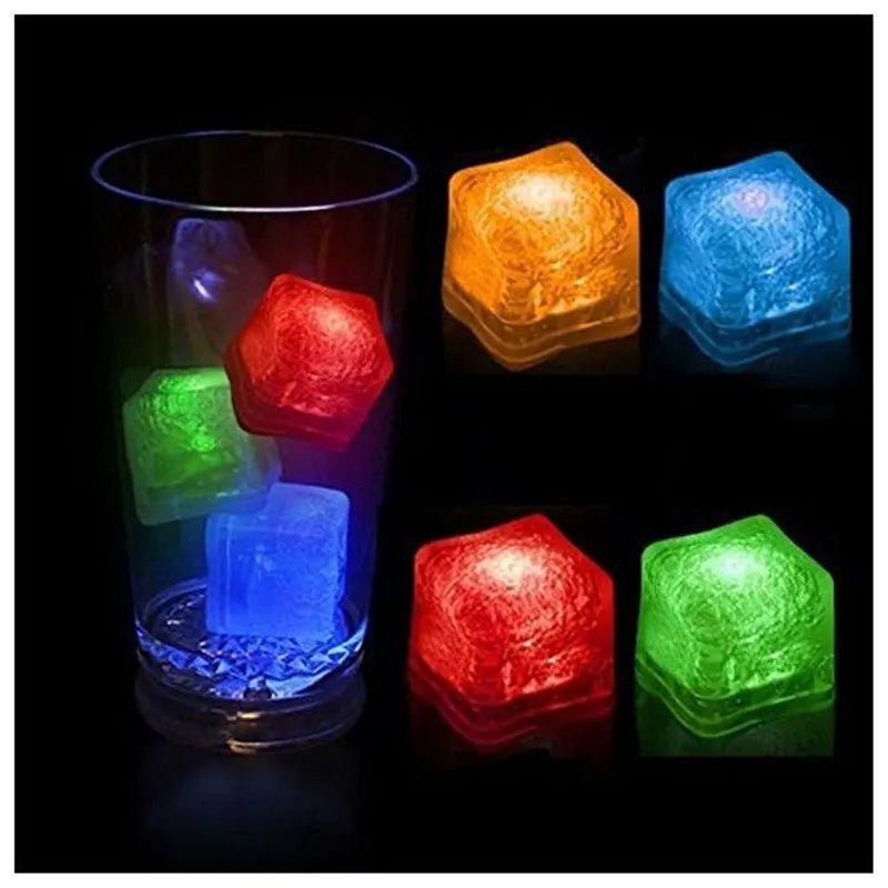 LED light ice cube in a drink, square shape, glowing blue with realistic ice appearance