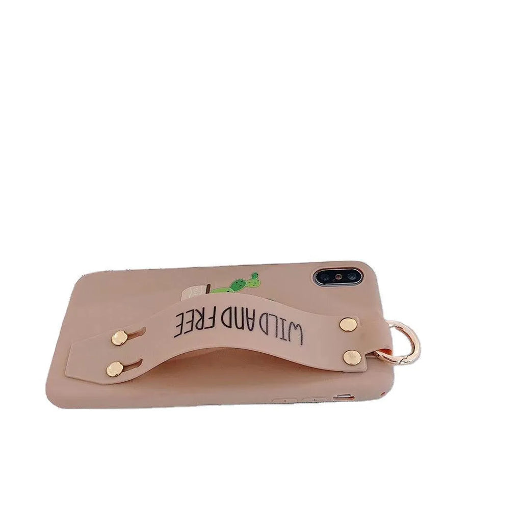 Green graffiti design iPhone case with a black detachable wrist strap looped around a hand.