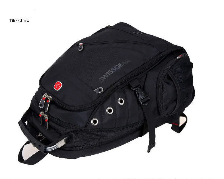 Black travel outdoor backpack with polyester waterproof finish, hard handle, metal details, and shoulder pad on a white background